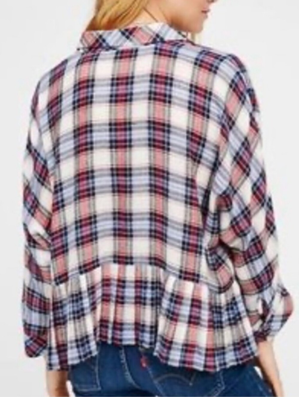 Free People Promise Anything Plaid Flannel Crop Ruffle Babydoll Shirt Top XS/S/M - Picture 2 of 13